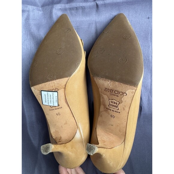 Jimmy Choo Tan Leather Kitten Heel Pumps 40 Vintage Italy Cutout - Picture 5 of 8